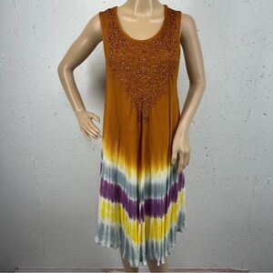 Advanced Apparels Free Size Bohemian Hippie Rust Purple Yellow Tie Dye Dress NEW